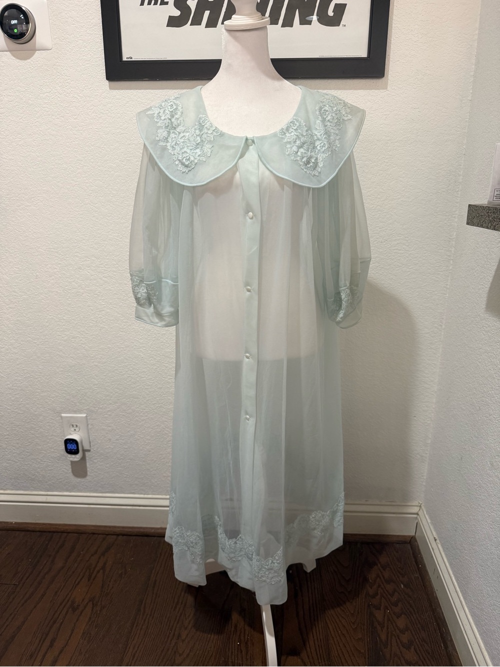 Vintage Shadowline Sheer Lace-Trim Pastel Peignoir